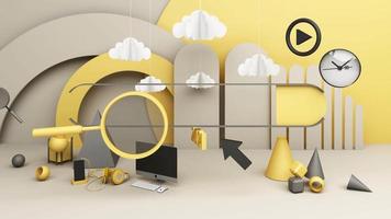 Information search bar Surrounded by electronics, watches, computers and phones with magnifying glass. On a geometric background In yellow and gray tones 3d render video