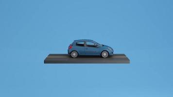 concepto de garantía de seguridad y protección de automóviles, sedán de automóvil azul moderno en la carretera, aislado en fondo azul, animación de representación 3d en bucle