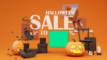halloween försäljning befordran affisch eller baner med halloween pumpa och mode handla kläder och gåva låda med produkt podium, bakgrund halloween mall, grön skärm. 3d framställa animering slinga video