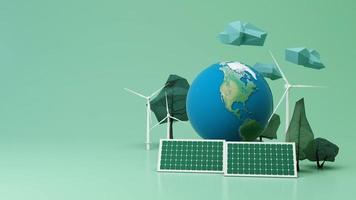 Clean energy concept on World Environment Day or International Day of Forests concept wooden cartoon hands holding tree and earth globe with windmill on pastel background. 3d rendering animation video