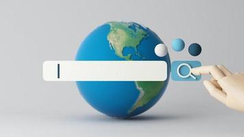wereldbol en zoeken bar minimaal internet concept in de nieuw wereld concept en draadloze verbinding naar vind en werk in de toekomst wereld Aan een blauw achtergrond. 3d renderen animatie looping