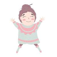 cute girl in a voluminous ugly hygge sweater spread her arms and legs. Happy character in winter cozy clothes rejoices with closed eyes vector