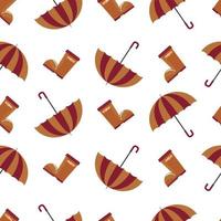 Seamless autumn pattern with brown rubber boots and an umbrella for rainy weather in a flat style isolated on a white background vector