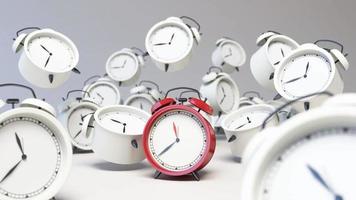 Black vintage alarm clock running time lapse on pastel background with natural light that falls on the ground over time. surrounded by a lot of white vintage alarm clock realistic. 3d rendering loop video