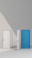 3D-Rendering, offene Tür, Objekte isoliert auf hellem Pastellhintergrund und blaue Tür. abstrakte metapher, optionen und möglichkeiten, auswahl, modernes minimalkonzept. Animationsschleife Animationsschleife video