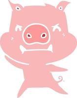 angry flat color style cartoon pig vector