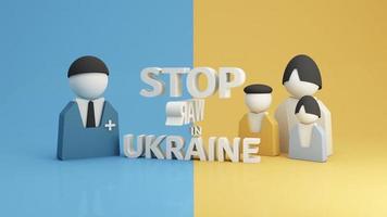 les gens de la famille avec des appels à domicile pour arrêter la guerre en ukraine, lèvent une bannière avec inscription arrêter la guerre en ukraine debout sur fond de studio bleu-jaune. pas de guerre, arrêtez la guerre agression russe. rendu 3D