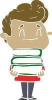 happy flat color style cartoon man with stack of new books vector