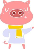 flat color style cartoon content pig in winter attire vector