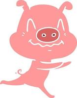 nervous flat color style cartoon pig running vector