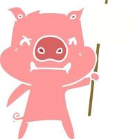 angry flat color style cartoon pig protesting vector