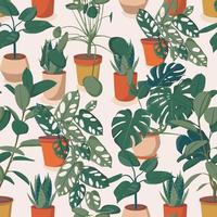 patrón de diferentes plantas de interior. ficus, monstera, suculento, pilea en varias macetas, jarrón. decoración hogareña acogedora escandinava. ilustración de patrón de impresión de dibujos animados de vector plano