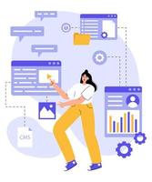 CMS management and development, web-site and administration concept. Administrator working with data base, information technology systems. Flat vector illustration isolated on white background