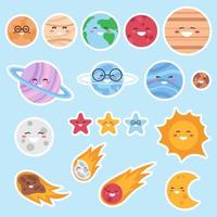 Cute cosmic stickers isolated on blue background. Kawaii planets, asteroids, comet, stars, sun and moon. Vector illustration for children.