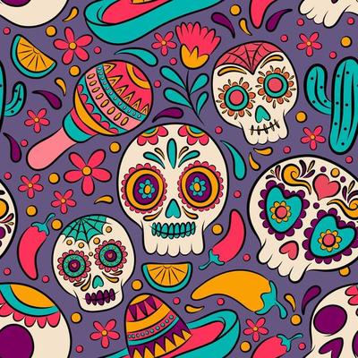 Sugar Skull Hand Drawn Colorful Seamless Patten