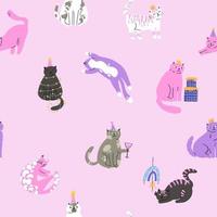 seamless pattern with cute cats for birthday. design for fabric, wrapping paper, etc. vector flat illustration.
