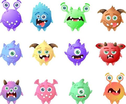 Collection of colorful round funny monsters. Brown, green, pink, purple, blue,  red, yellow, cartoon aliens. 12184600 Vector Art at Vecteezy