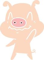 nervous flat color style cartoon pig waving vector