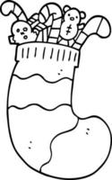 line drawing cartoon christmas stocking full of toys vector