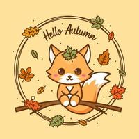 cute autumn fox illustration in tree branch vector
