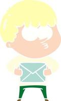 flat color style cartoon curious boy carrying a gift vector