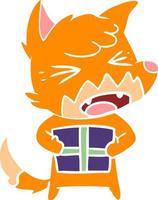 angry flat color style cartoon fox with christmas present vector