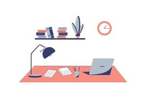 lugar de trabajo independiente. espacio de trabajo en el hogar o la oficina con un escritorio, una computadora portátil, una lámpara, un lápiz, un reloj y un estante de libros en la pared. Ilustración de vector rosa de estilo plano moderno.