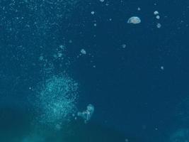 buzo burbujas en una cueva bajo el agua foto