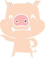 angry flat color style cartoon pig vector