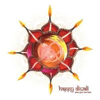 Happy diwali greeting card with watercolor diya background vector