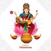 Illustration of happy dhanteras gold coin in pot with maa lakshmi celebration background vector