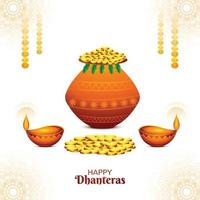 feliz celebración de dhanteras para la moneda de oro en el fondo del festival de la olla vector