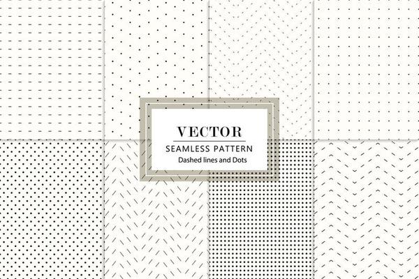 Black small simple dashed lines and dots, polka dot seamless repeat pattern design on a white background