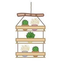 Hanging shelf with decorative plants in pots. Cute illustration in cartoon style. Vector art on white background.