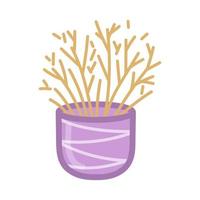 Purple plant pot with brown branches. Hand drawn illustration in cartoon style. Vector isolated on white background.