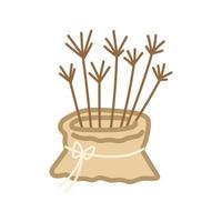 Plant pot with branches decorated sackcloth. Cute illustration in cartoon style. Vector art on white background.