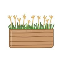 Wooden box with plants and grass. Hand drawn illustration in cartoon style. Vector isolated on white background.