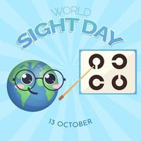 World sight day. Earth holding pointer. Eye test symbols. Vector poster on blue background.