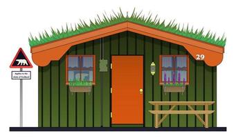 cabaña o cabaña típica noruega con un hermoso techo verde en svalbard. ilustración vectorial plana aislada sobre fondo blanco. vector
