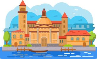 Venice city of Italy gondola.Travel or post card template.Cathedral and tower.Cityscape with with ancient buildings.Skyline the cities on water.Architecture panorama with water transport.Flat vector.