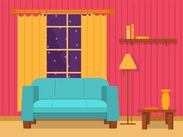 concepto del interior de la sala de estar con un sofá y una ventana con cortinas y una lámpara de pie. un vector de arte de línea de ilustración plana.