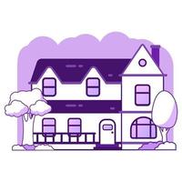 Suburban house in the forest. Country cottage. Rural villa. Flat vector illustration. Concept for sale rent of buildings.