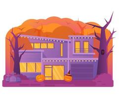 casa de halloween lápida del antiguo cementerio. historia de terror.banner nocturno.vector de ilustración plana.banner festivo con casa de campo decorada con guirnaldas. casa de campo con árboles por la noche. vector