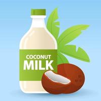 Non dairy. Coconut vegan milk in bottle. Plant based milk. Fresh drink in cartoon.Healthy food concept.Coconuts  whole and broken nut with palm frond leaves. Flat illustration vector. vector