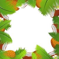 Tropical template of a frame for a banner with palm leaves and coco ,pineapples and flowers .Poster fruit and nut.Coconuts border frame flower.Space for text. vector