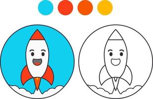 Launch rocket with a cute face.Start of  spaceship.Coloring book for children. Outlined doodle.Flat vector. vector