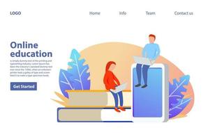 Online education concept.Landing page template.Flat vector.People with book and computer for training courses, tutorials.E-learning concept. vector