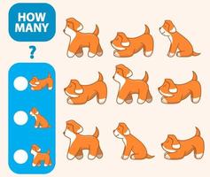 Count how many dogs is educational game. Maths task development of logical thinking of children. Counting  puppy games for preschool kids. Flat animal character vector