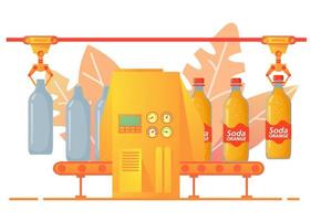 Packing conveyor belt soda .Sweet sparkling water.Beverage soft lemonade orange and lemon of glass bottles.Factory  production carbonated drinks. Flat illustration vector. vector