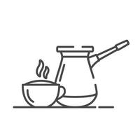 Turkish coffee pot and cup. Hot drink. Line art outline vector.Symbol for a mobile application or website.Isolated on a white background. vector